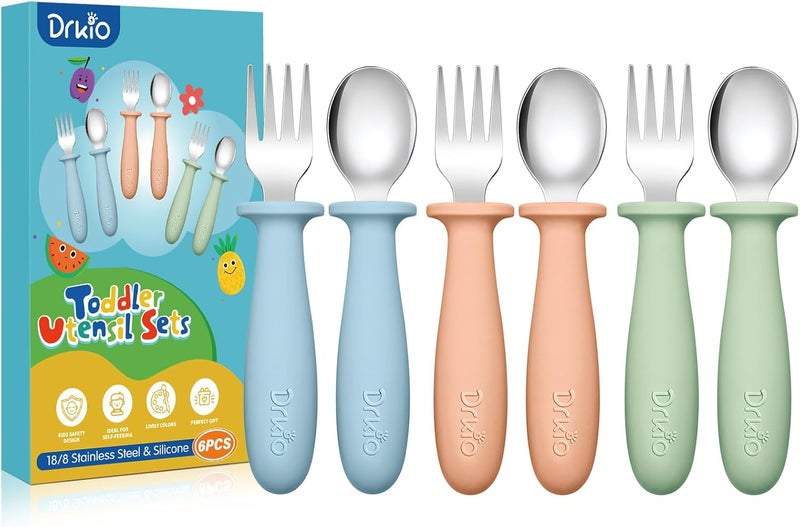 DRKIO 6 Pieces Toddler Utensils Set - Kids Silverware Set with Silicone Handle Children Safe 18/8 Stainless Steel Forks and Spoons Anti-Choke Design Food Grade Dishwasher Safe - Image 1